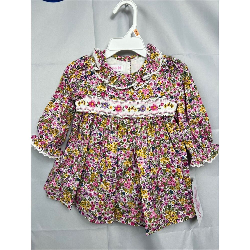 Bonnie Baby Pink floral long sleeve smocked dress with diaper cover size 12 m - Picture 2 of 13